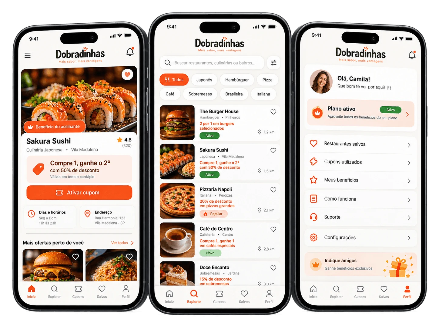 Telas de aplicativo de cupons e descontos para restaurantes