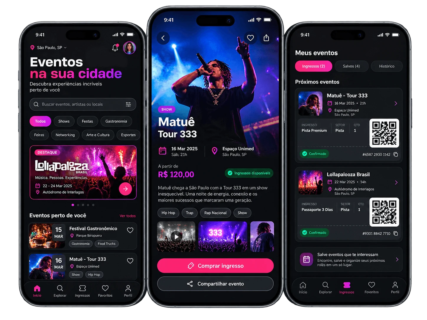Telas de aplicativo de eventos, shows e ingressos