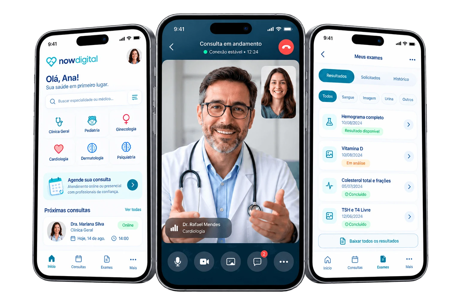 Telas de aplicativo de telemedicina e exames