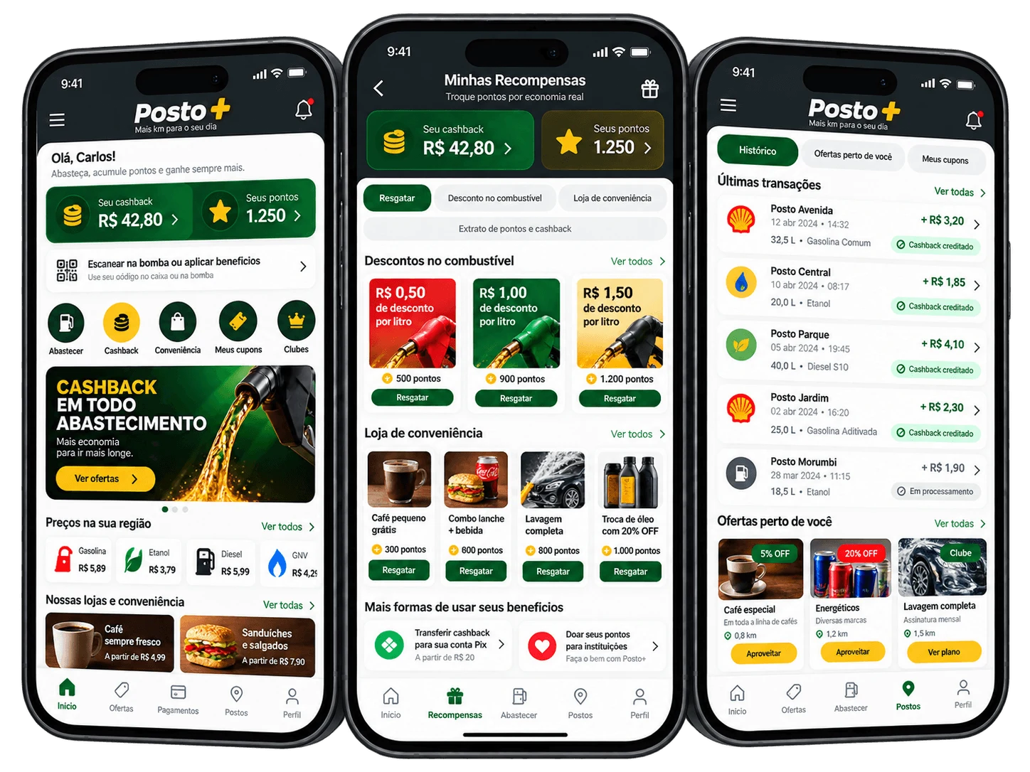 Telas de aplicativo para postos de combustíveis e cashback