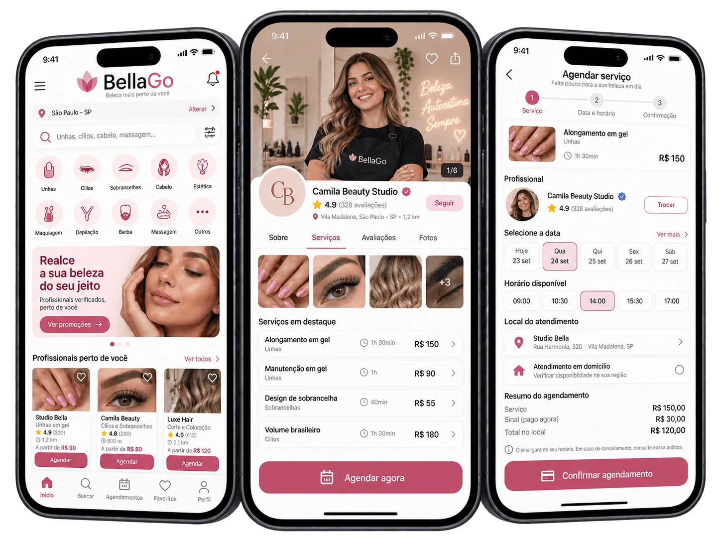 Telas de aplicativo para estética, beleza e salões