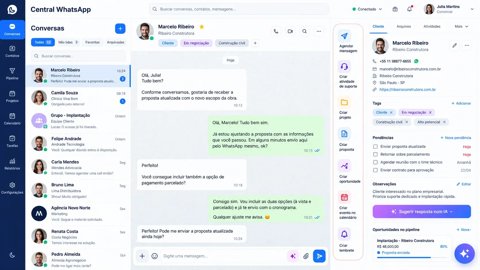 Central de WhatsApp com IA: tela de assistente de ia