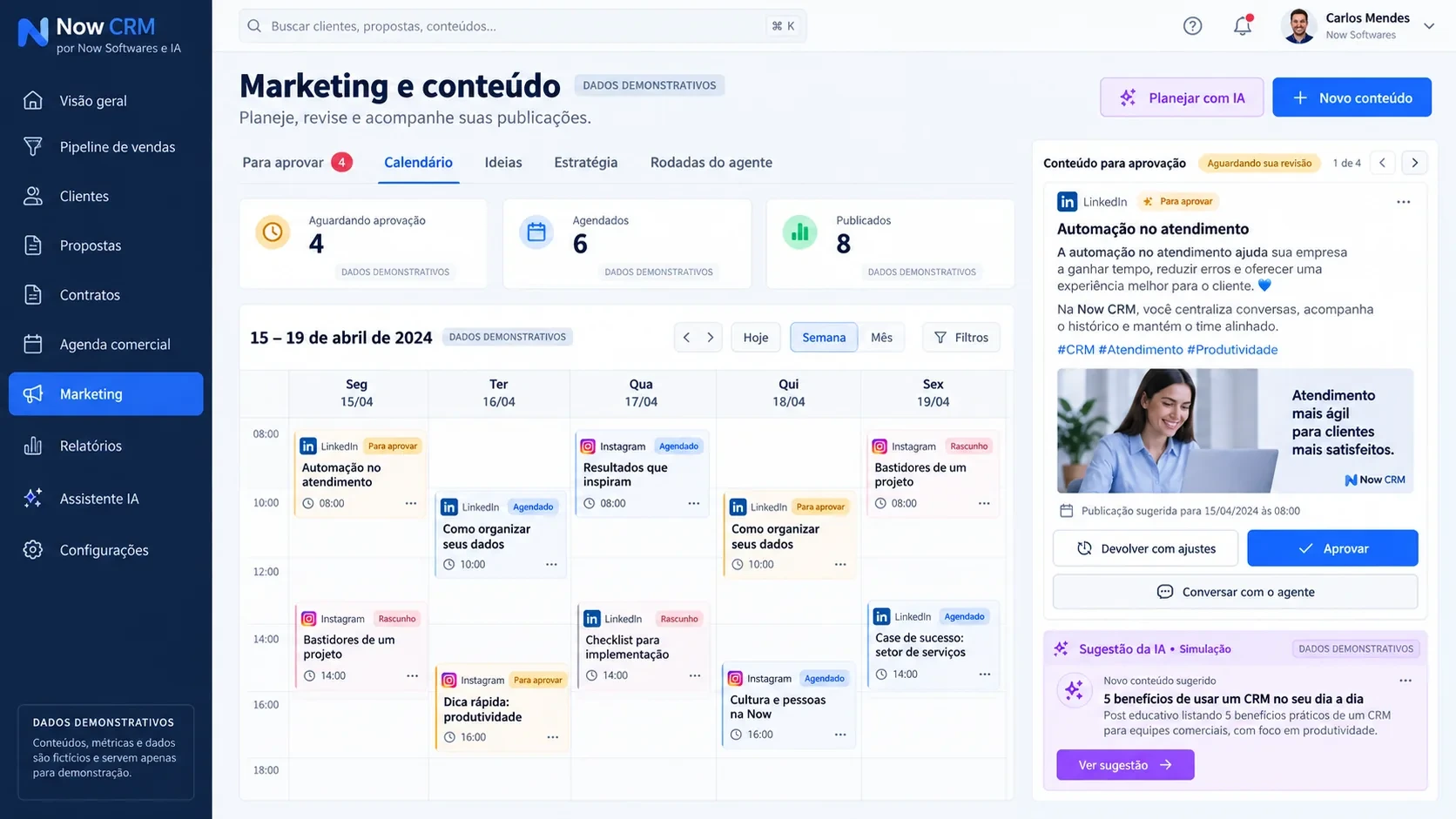 CRM comercial com IA: tela de marketing e conteúdo
