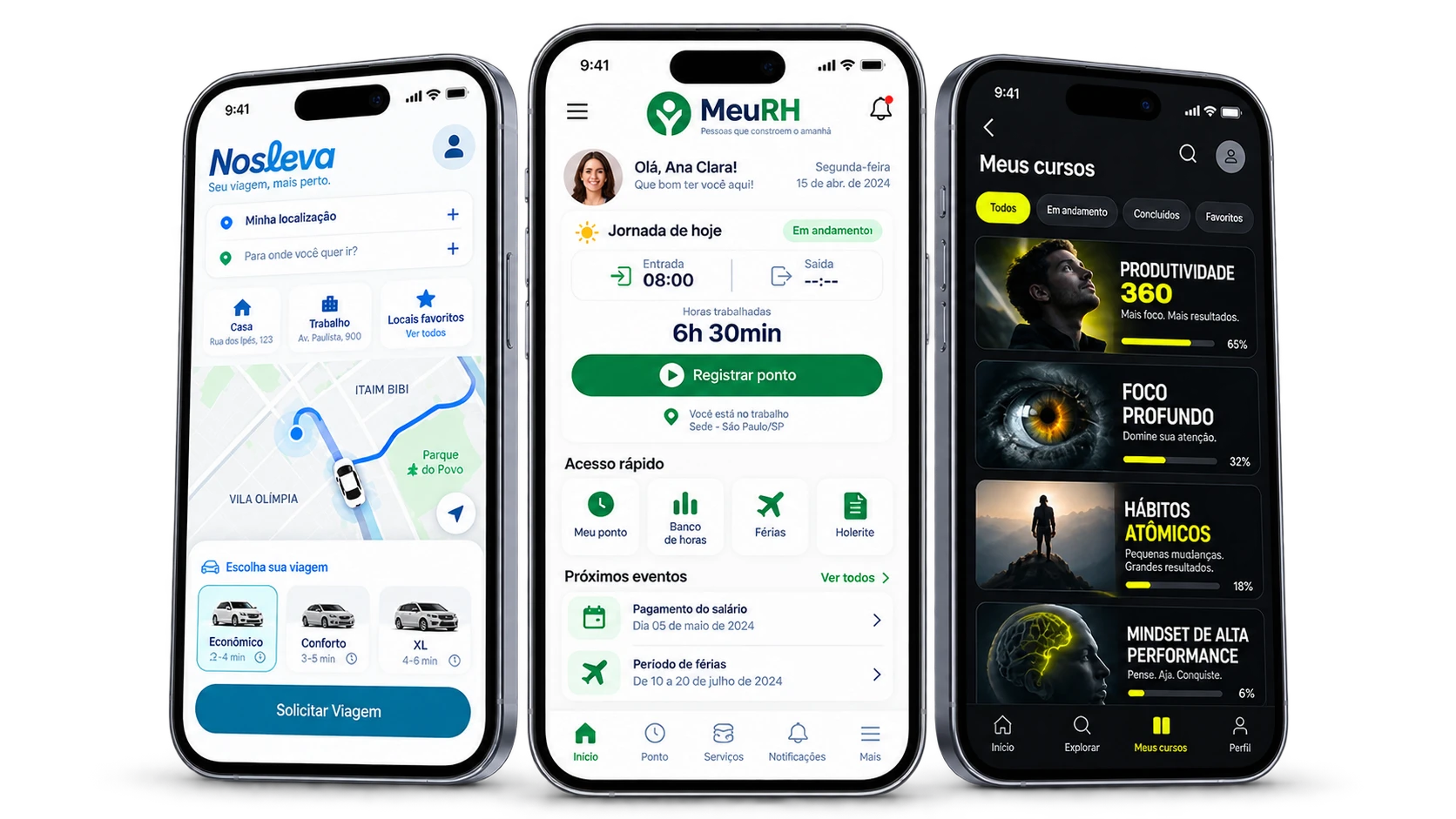 Telas de aplicativos para mobilidade urbana, gestão de RH e cursos online