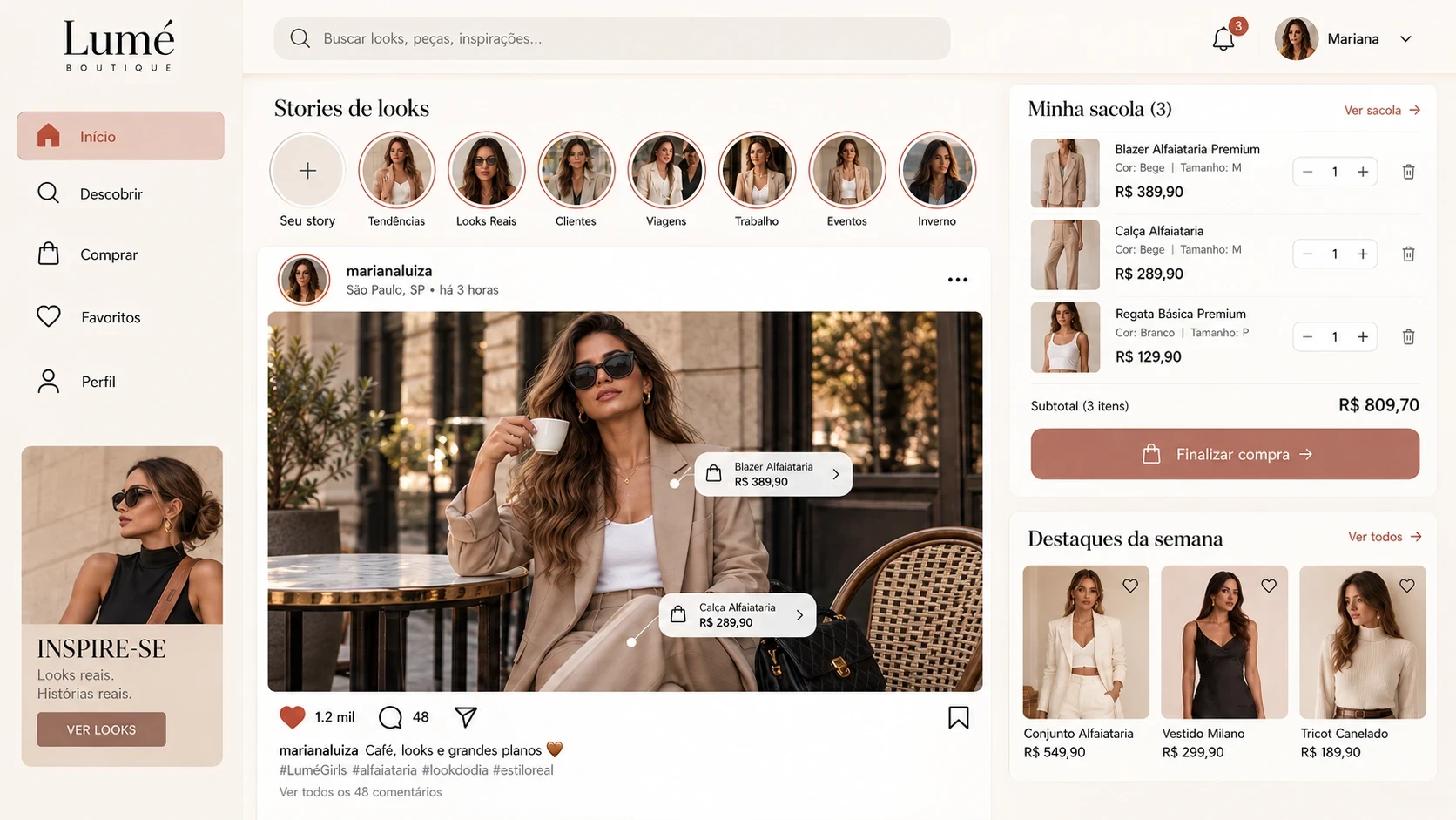 Loja de moda em formato de rede social: feed com produtos marcados e sacola