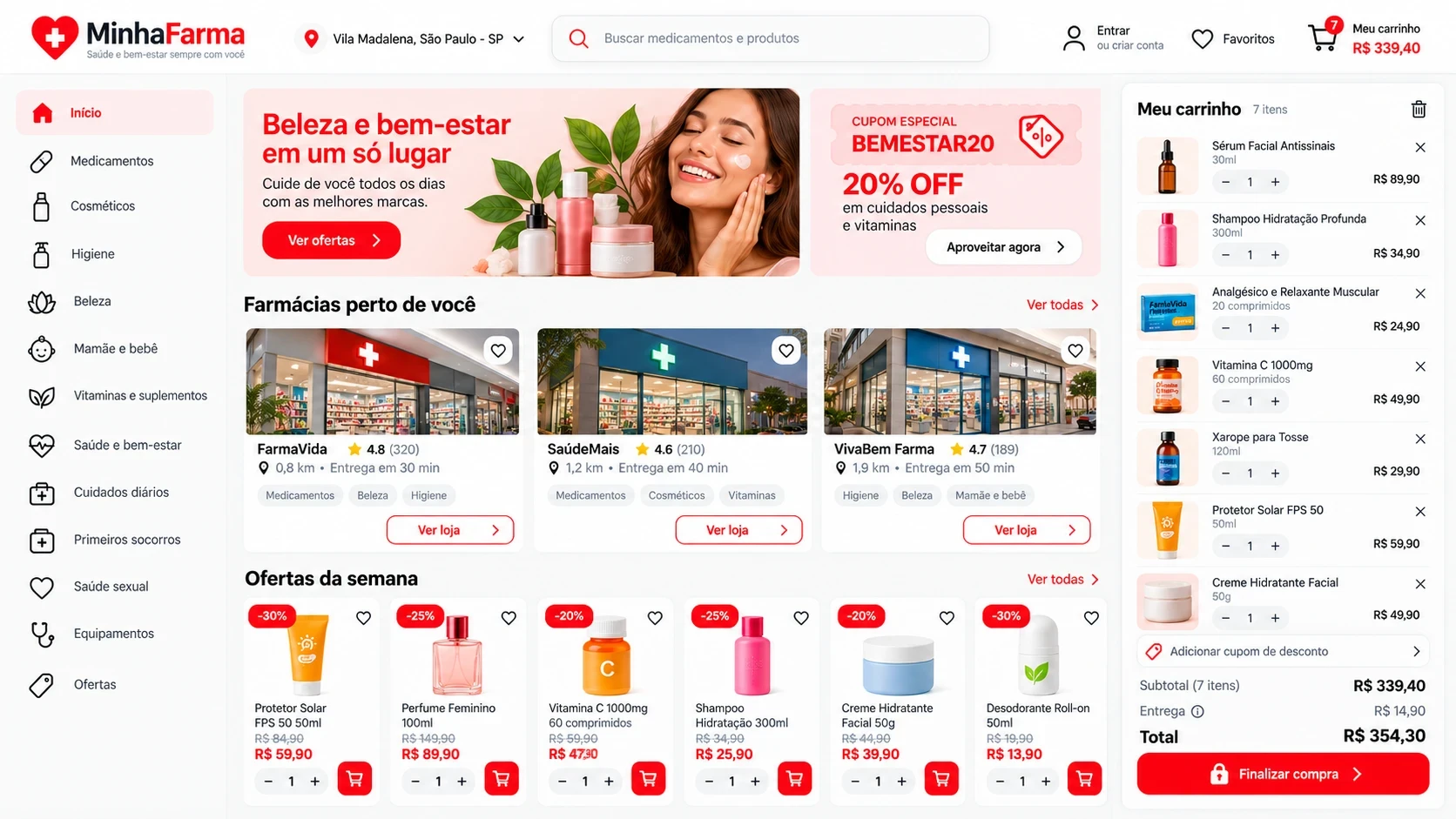 Marketplace de farmácias: farmácias próximas, ofertas e carrinho