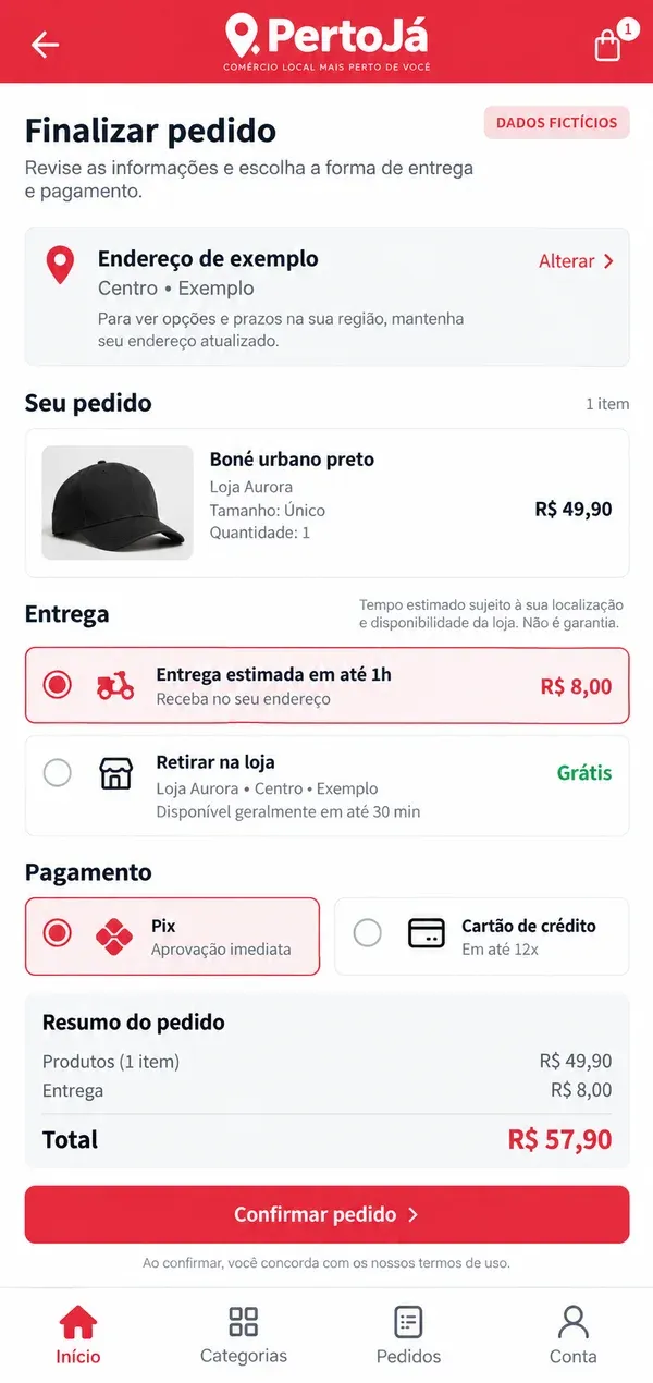 Marketplace de lojas locais no celular: checkout