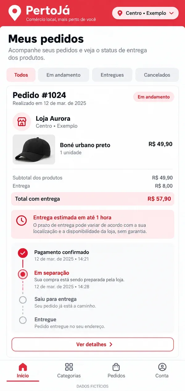 Marketplace de lojas locais no celular: pedido