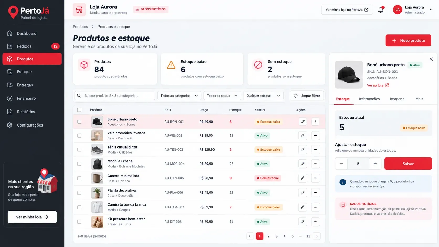 Marketplace de lojas locais: tela de produtos e estoque