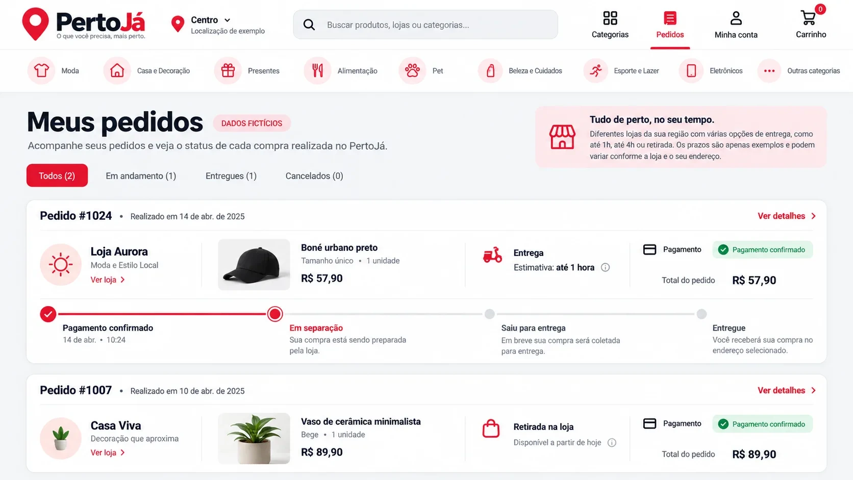 Marketplace de lojas locais: tela de meus pedidos