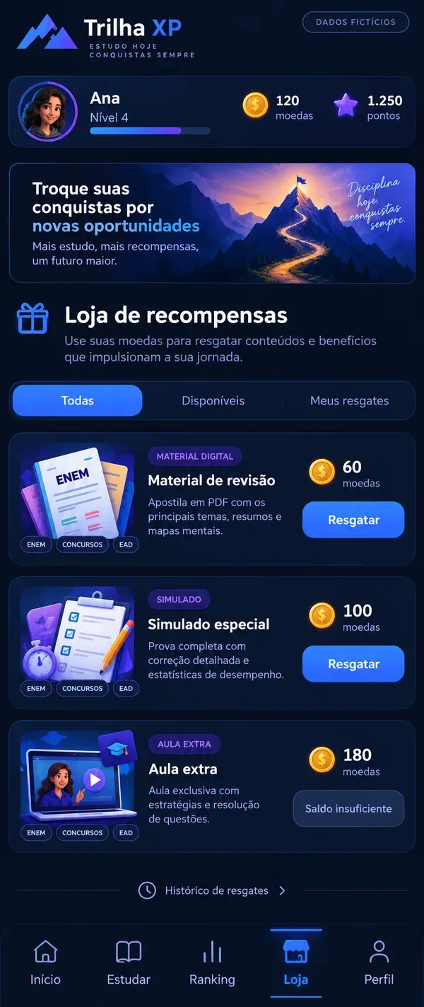 Plataforma de educação gamificada no celular: loja