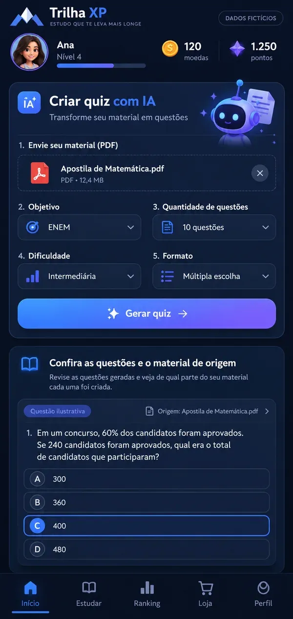 Plataforma de educação gamificada no celular: quiz com ia
