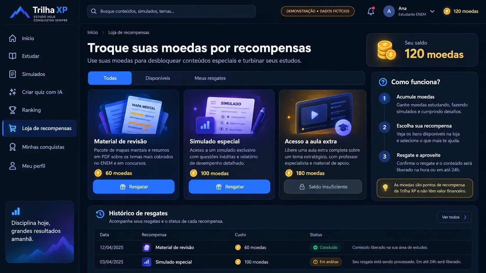 Plataforma de educação gamificada: tela de loja de recompensas