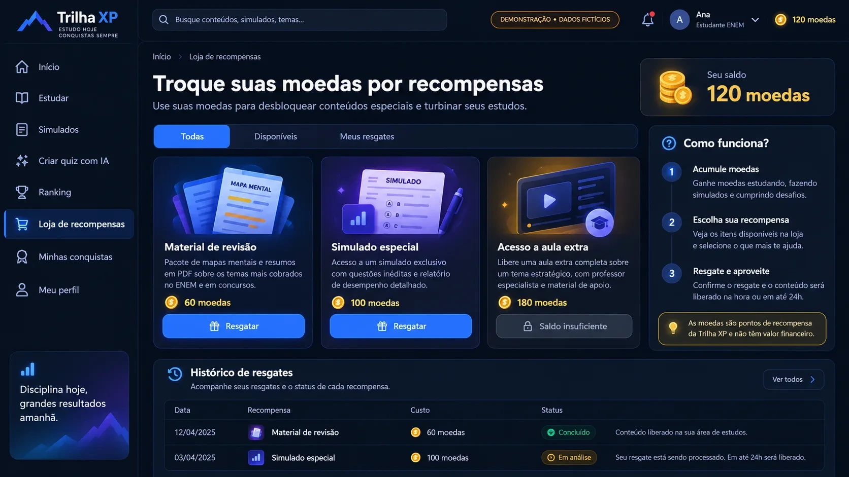 Plataforma de educação gamificada: tela de loja de recompensas