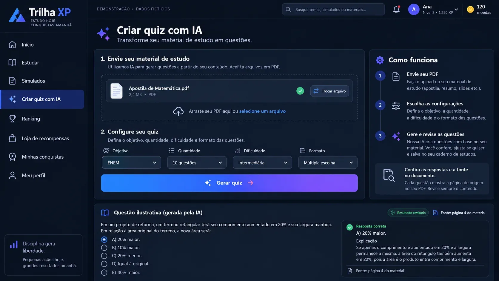 Plataforma de educação gamificada: tela de quiz com ia