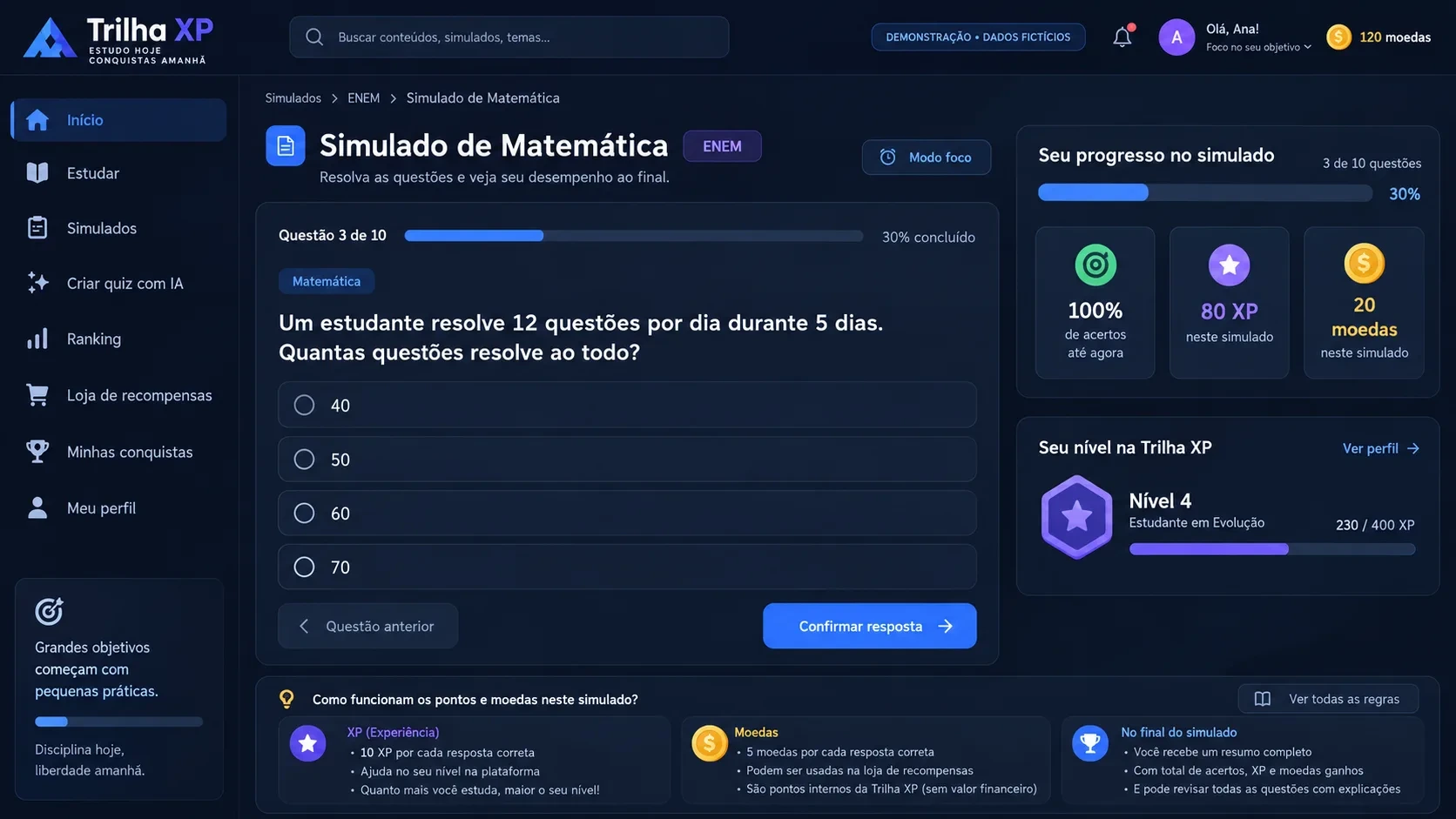 Plataforma de educação gamificada: tela de simulado