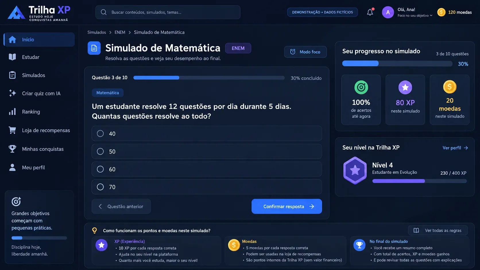 Plataforma de educação gamificada: tela de simulado