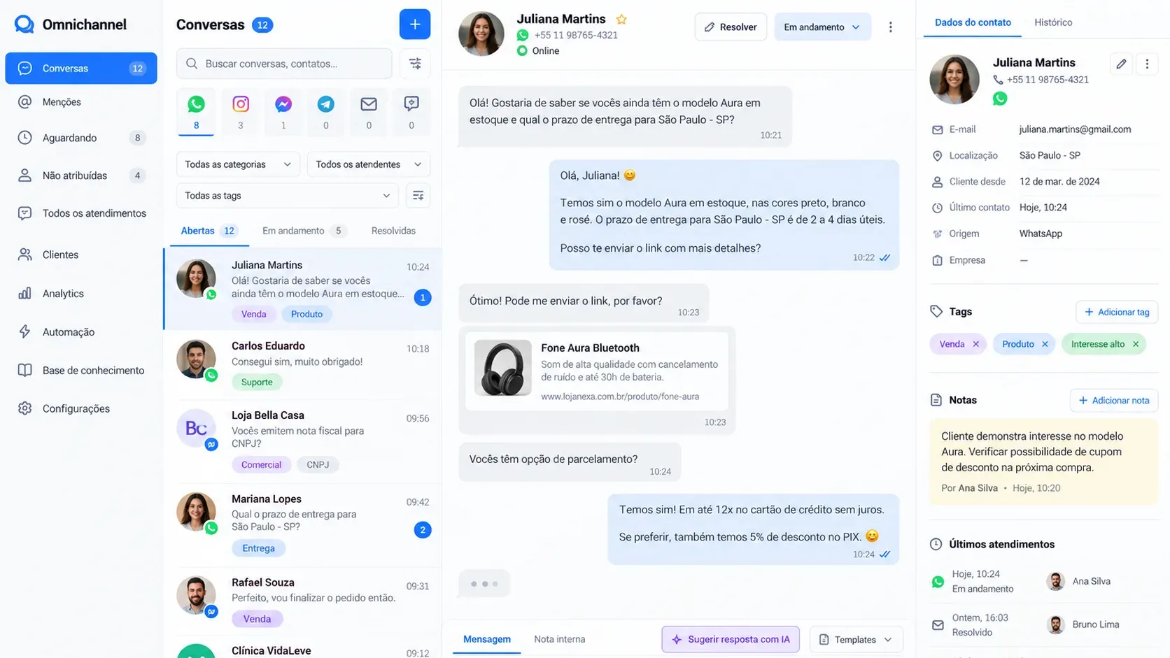Plataforma omnichannel com IA: tela de atendimento