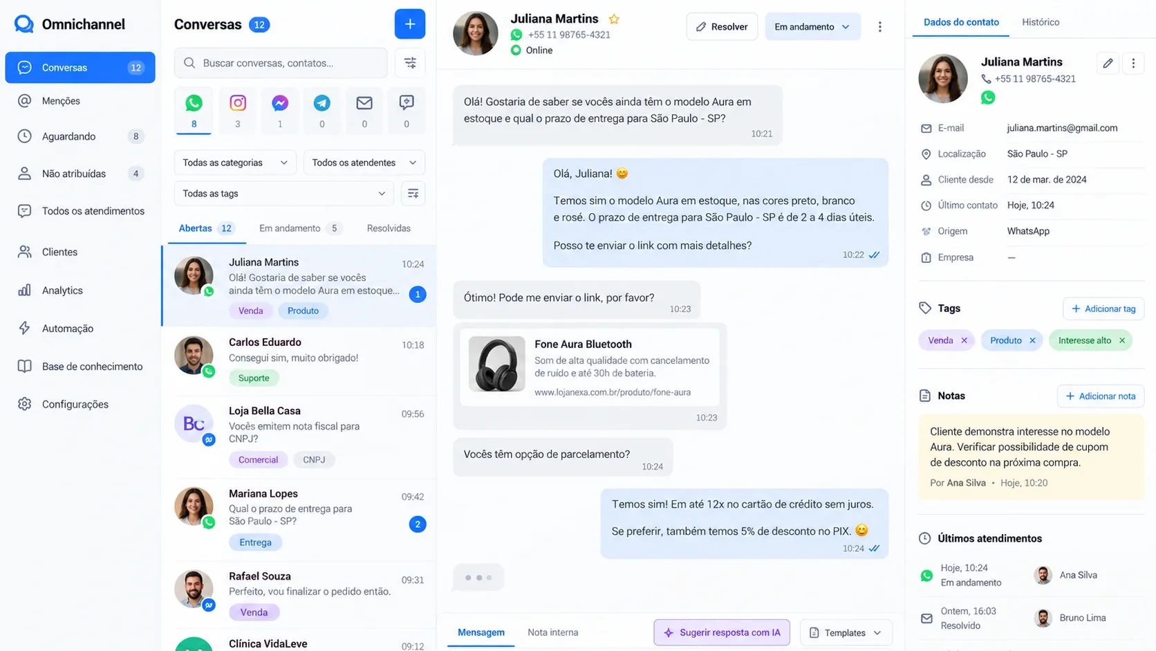 Plataforma omnichannel com IA: tela de atendimento