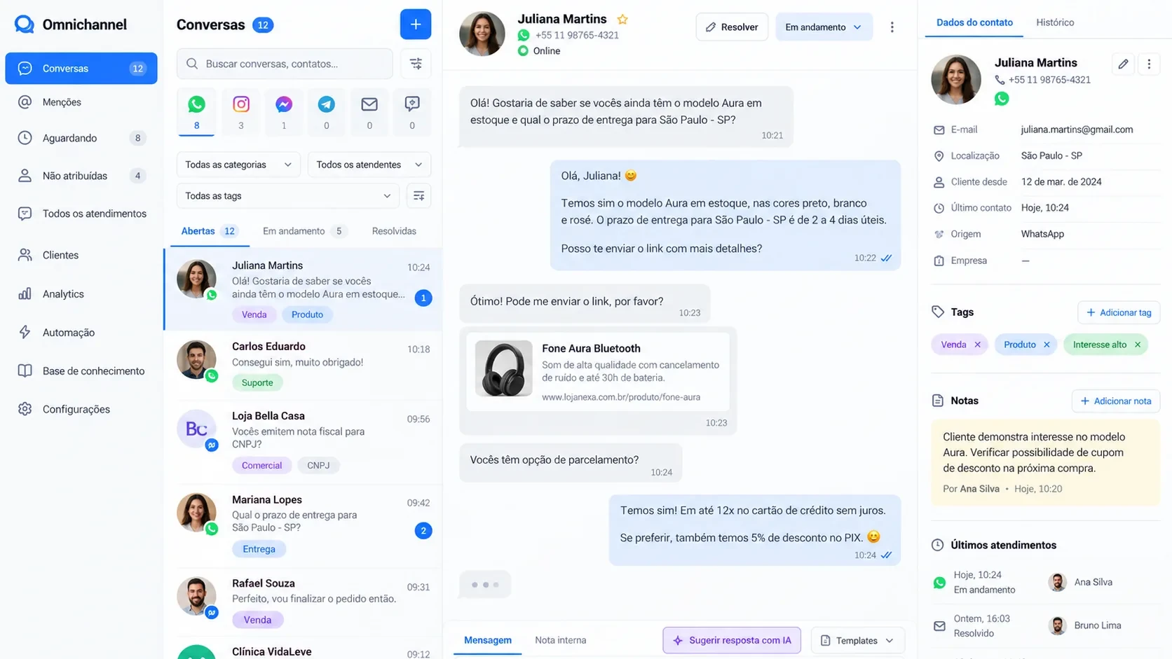 Plataforma omnichannel com IA: tela do sistema