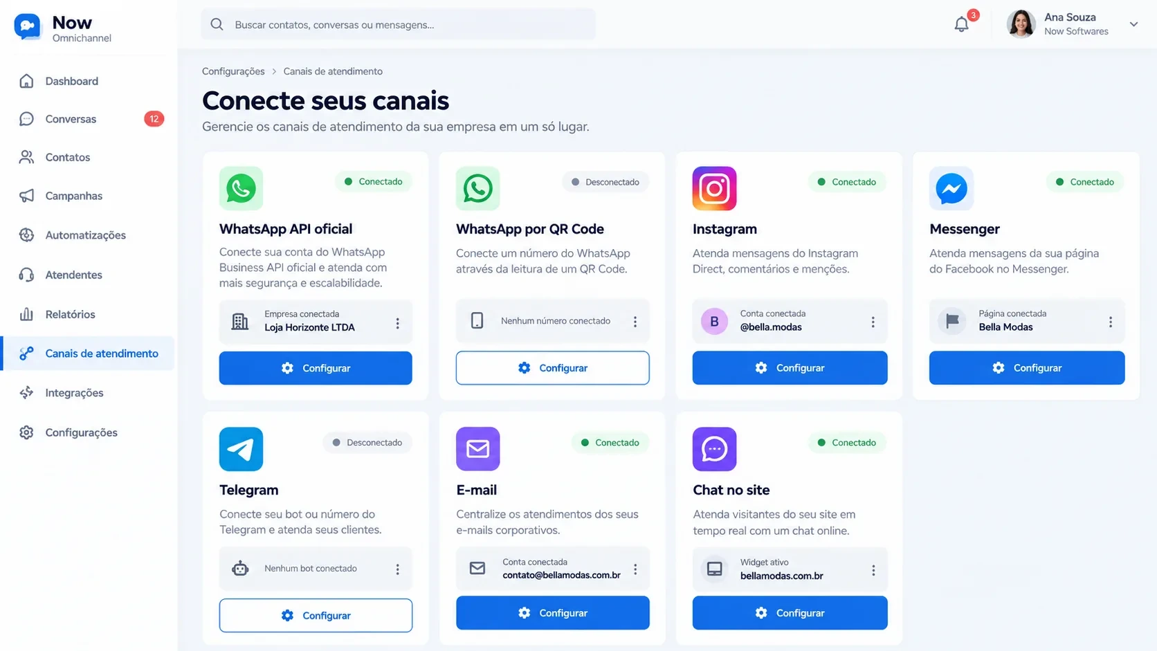 Plataforma omnichannel com IA: tela de canais