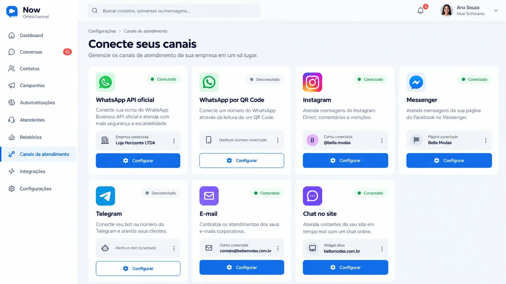 Plataforma omnichannel com IA: tela de canais
