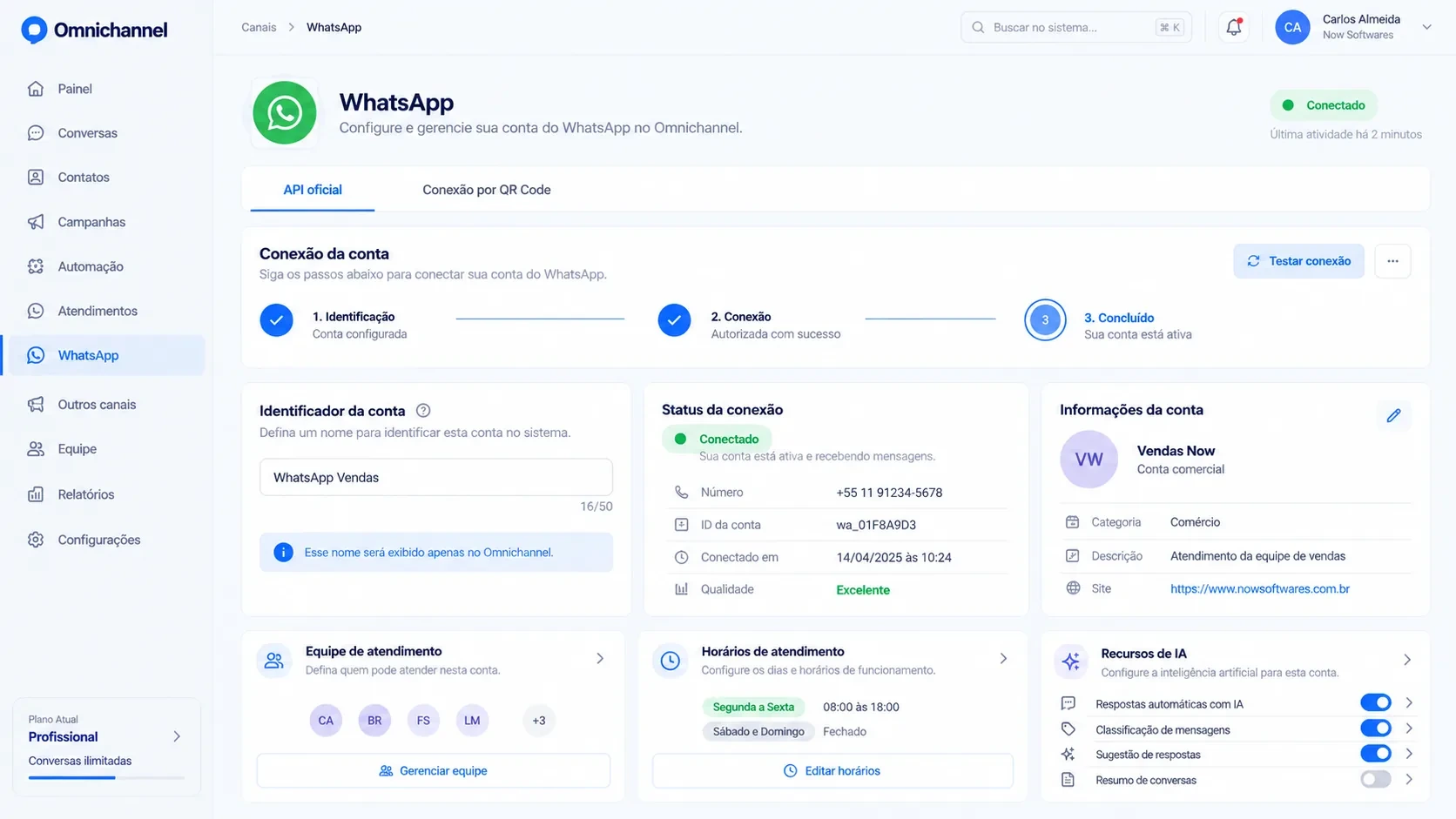Plataforma omnichannel com IA: tela de whatsapp