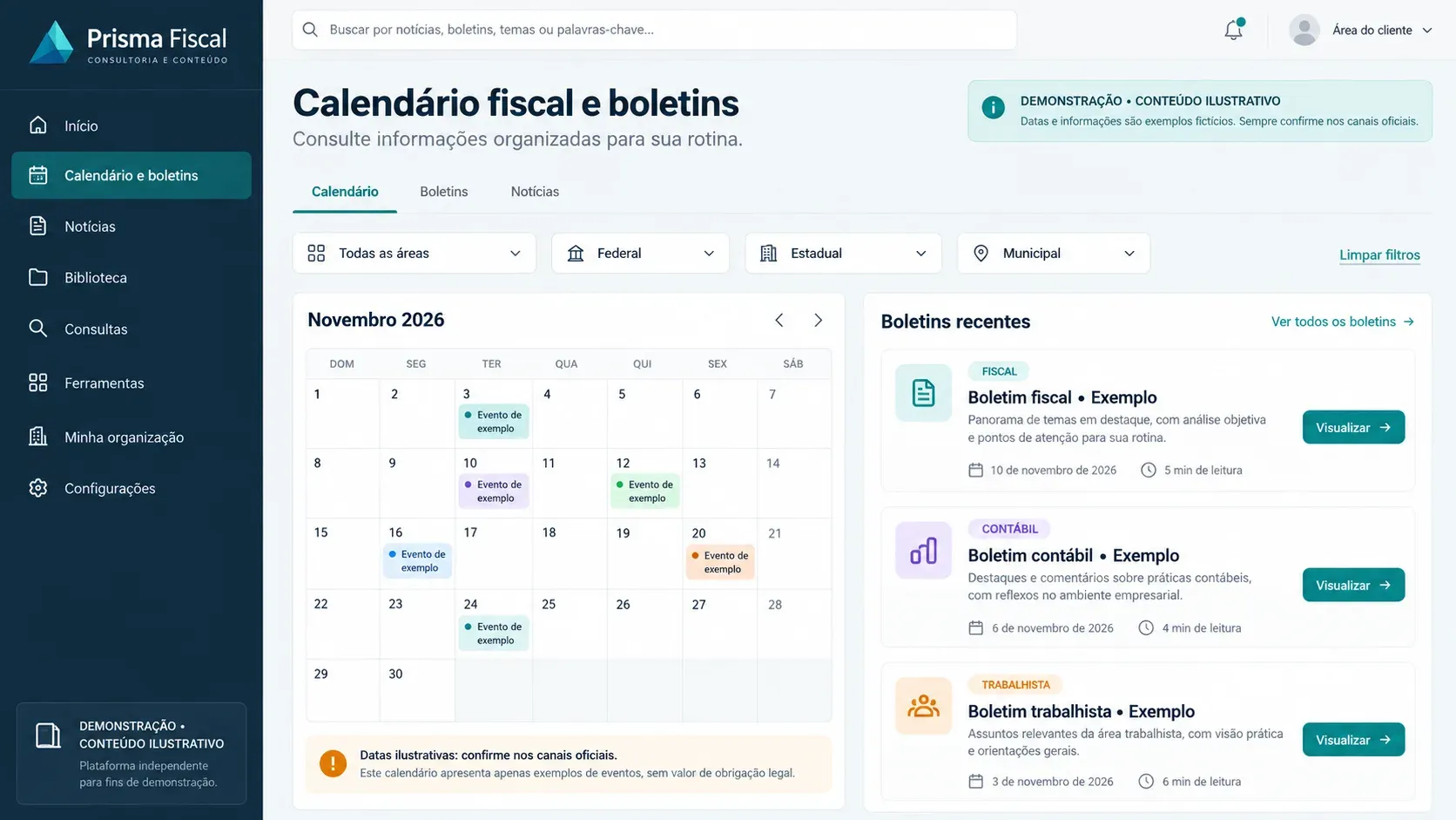 Portal de consultoria fiscal: tela de calendário fiscal