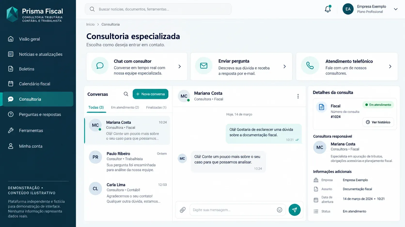 Portal de consultoria fiscal: tela de consultoria por chat