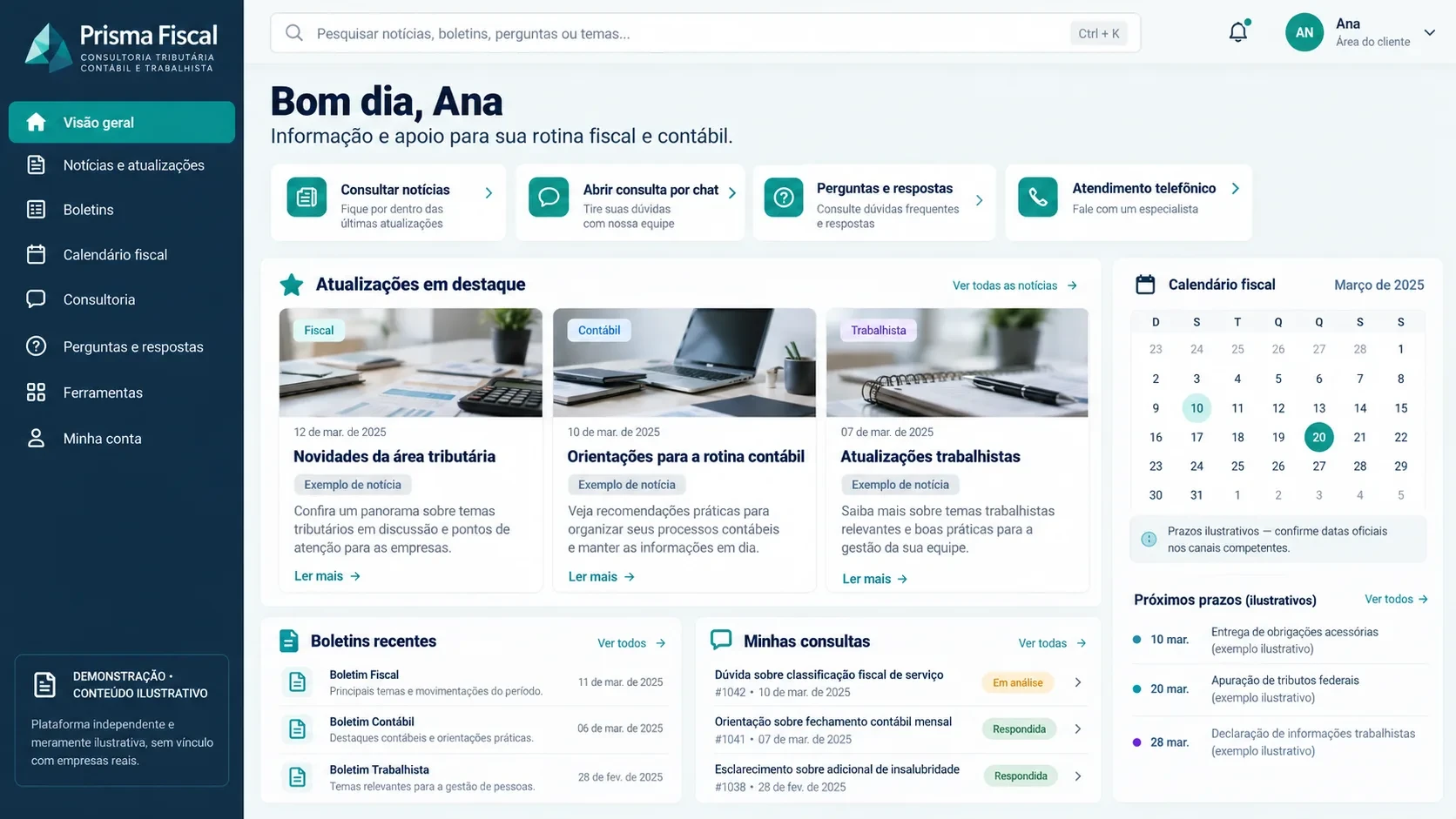 Portal de consultoria fiscal: tela do sistema