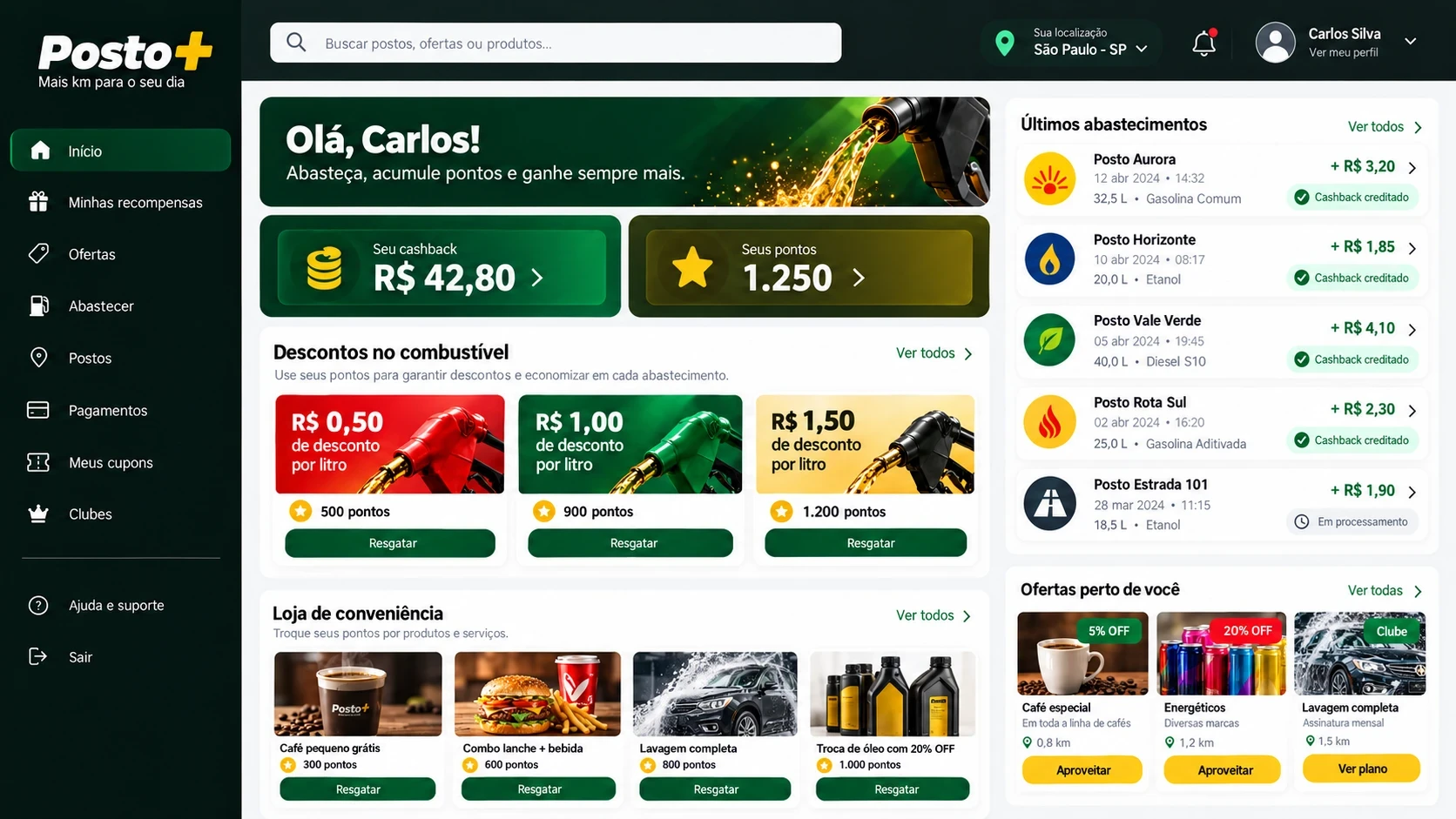 Postos e conveniência: área do cliente com cashback, descontos no combustível e ofertas da conveniência