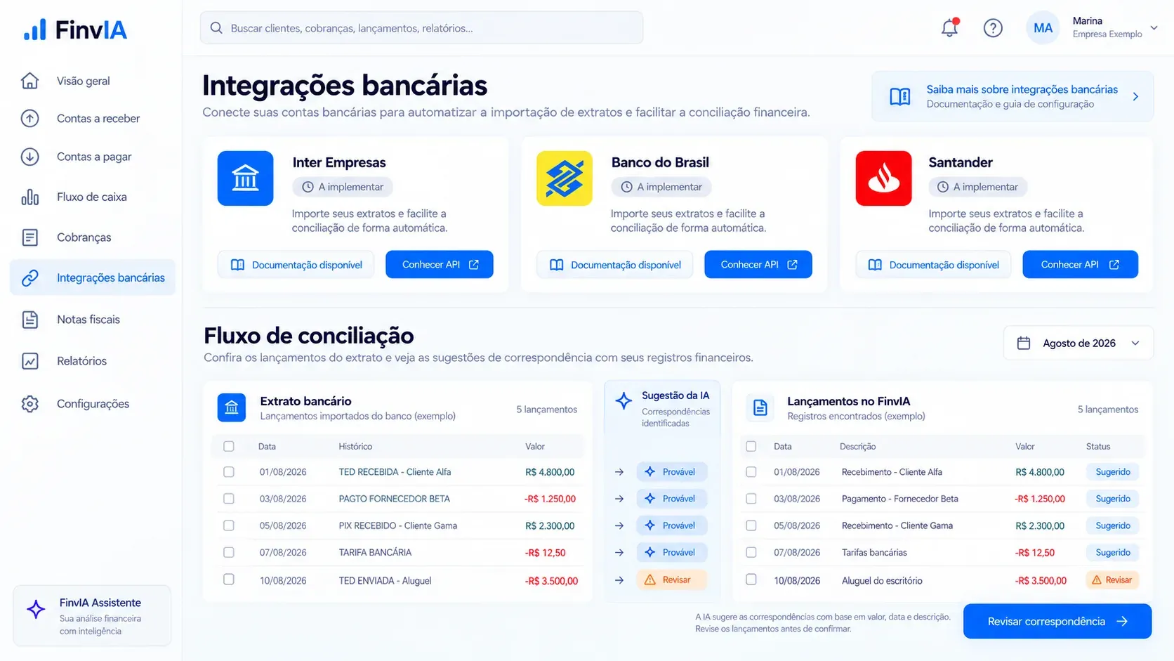 Sistema financeiro com IA: tela de conciliação bancária