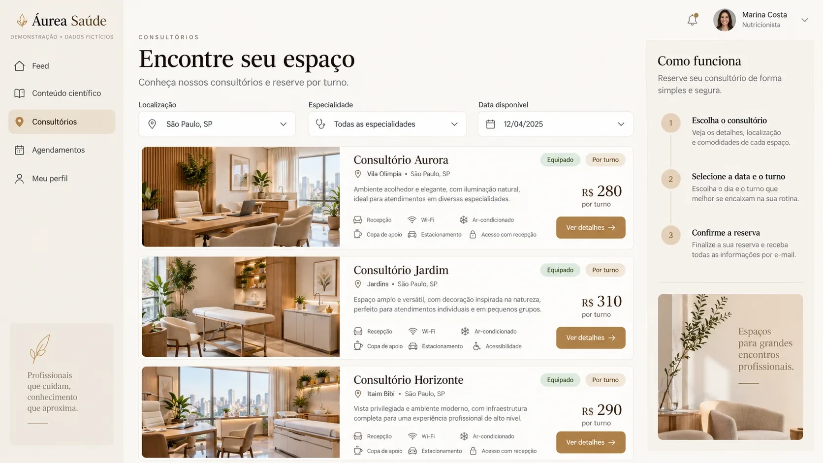 Sistema de locação de consultórios: tela de consultórios