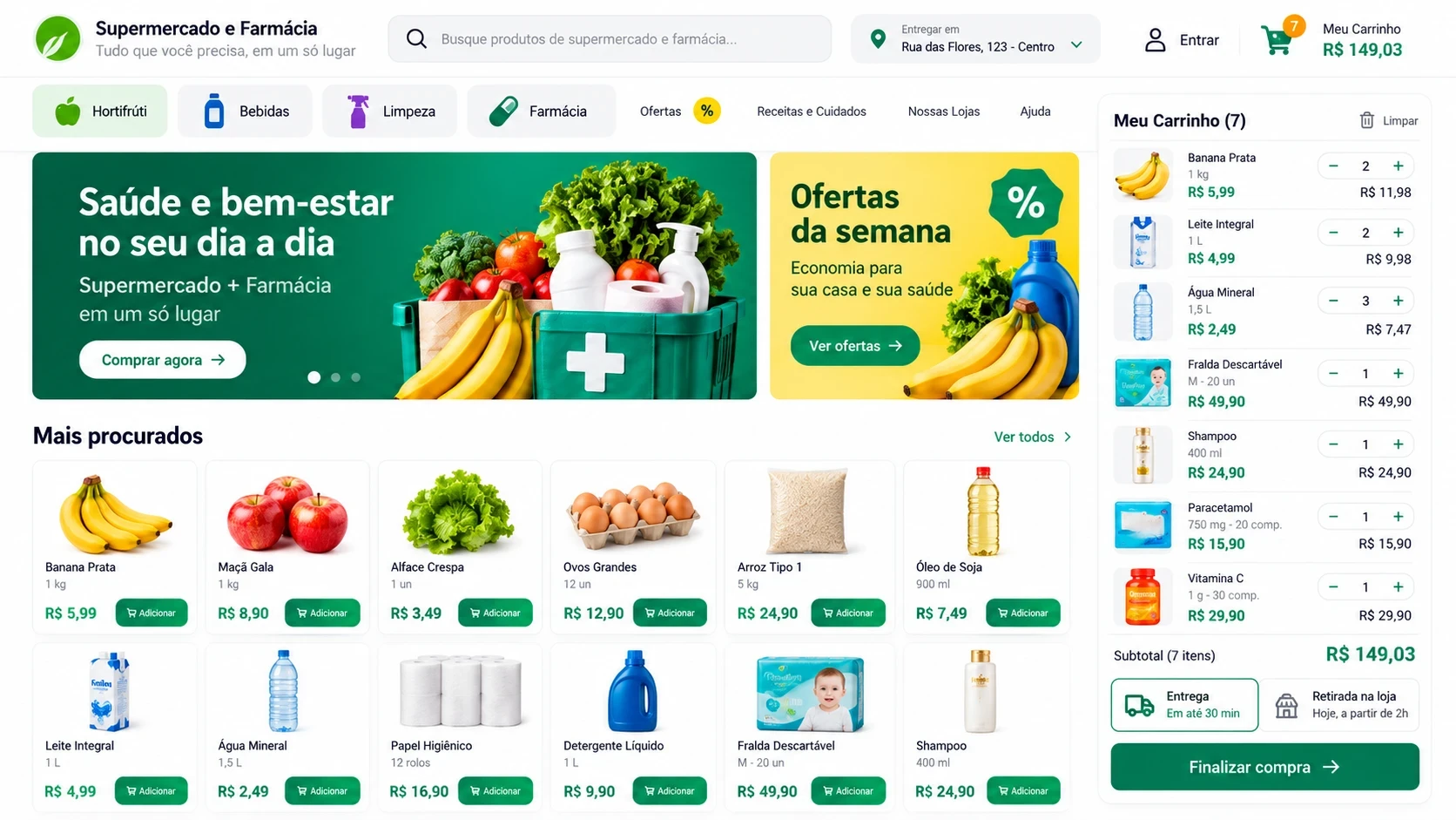 Supermercado e farmácia online: produtos, ofertas e carrinho com entrega ou retirada